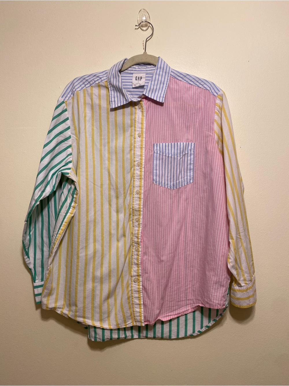 GAP Multicolor Vertical Stripe Button-Down Shirt — Pink, Yellow, Green, Blue. S